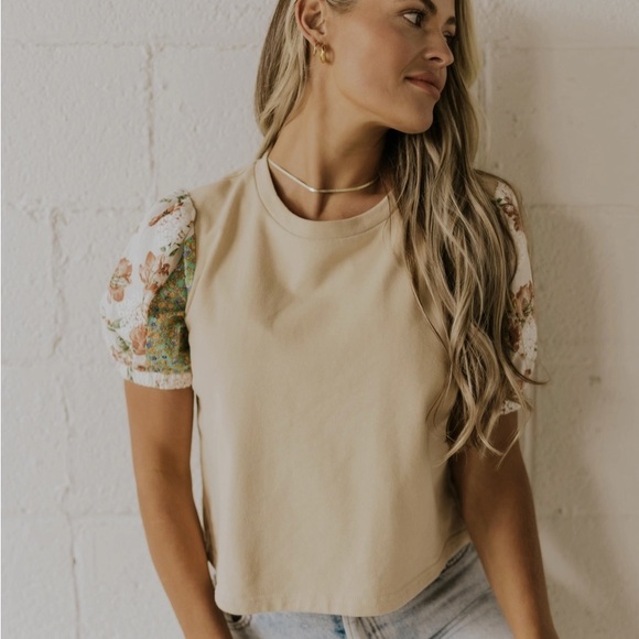 Roolee Tops - Floral‎ Sleeve Beige Top